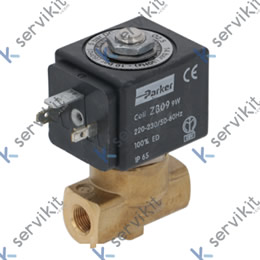 Válvula magnética 2vías 230VAC empalme 1/8" L 40mm DN 2,5mm conector hembra DIN -20° a 130°C PARKER